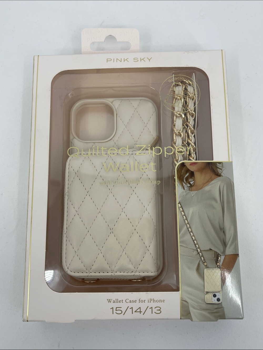 Quilted Zipper Wallet Case for iPhone (Cream) CROSSBODY Fits IPhone  13/14/15